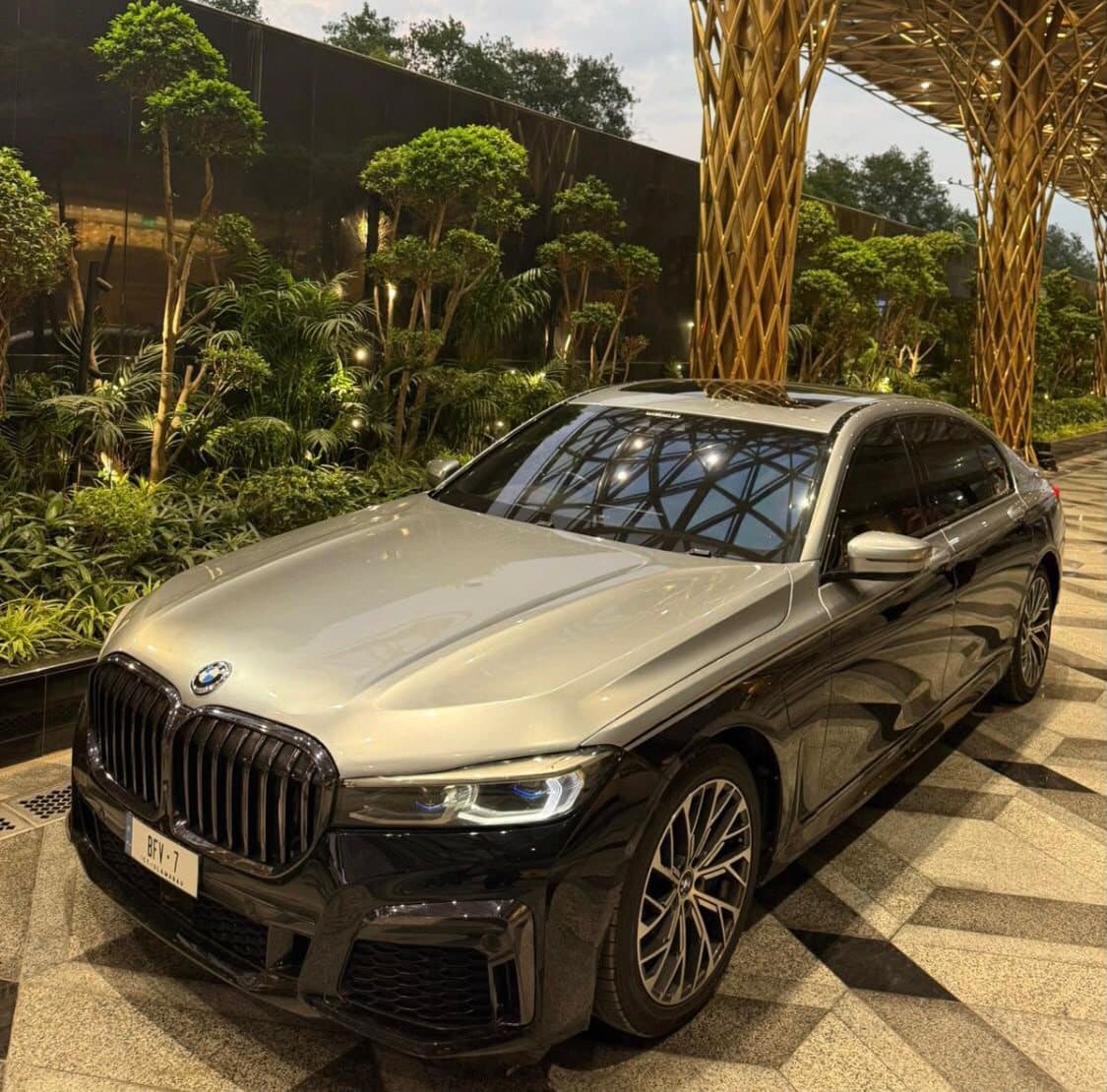 BMW 7 Series Long wheelbase in silver & black for rent at RideOnTours